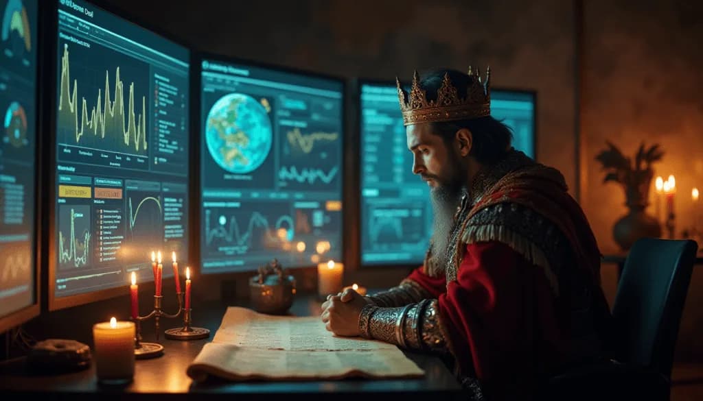 Medieval king reviewing lead tracking dashboards and customer analytics across multiple digital screens in a candlelit chamber
