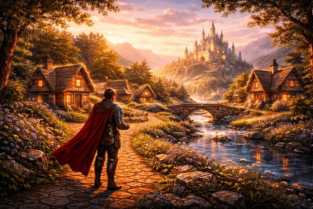 Fantasy landscape symbolizing lead tracking and the customer journey from first touchpoint to conversion with a castle in the distance