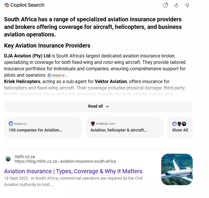 Bing Copilot search result for aviation insurance south africa with MBFS ranked first organic