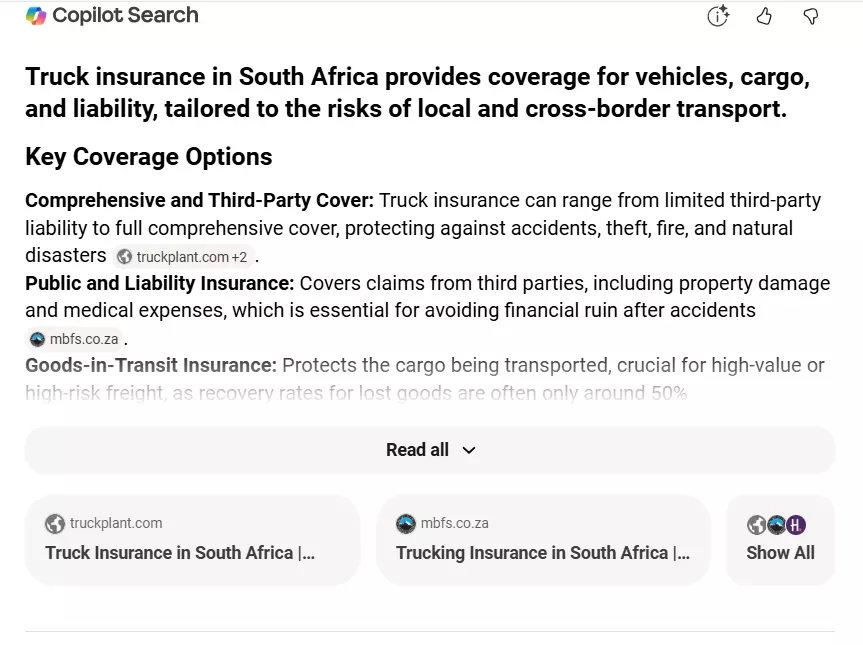 Bing Copilot citing MBFS for truck insurance south africa