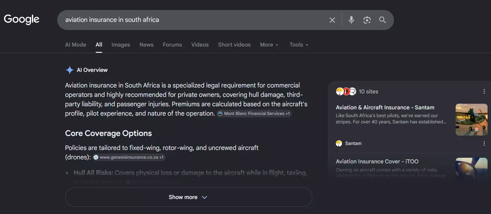 Google AI Overview for aviation insurance in South Africa citing MBFS