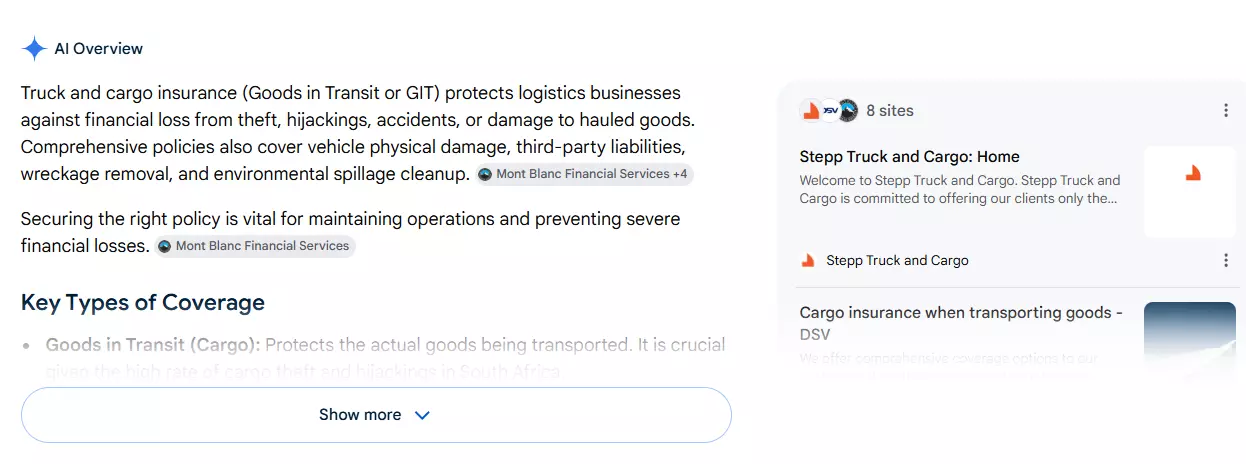 Google AI Overview for truck and cargo insurance citing MBFS