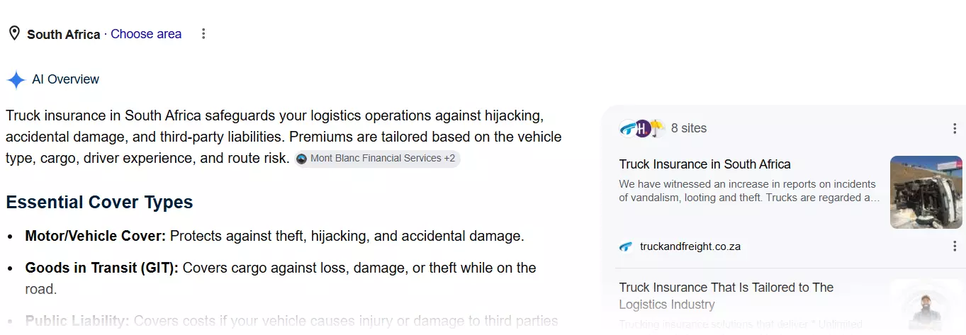 Google AI Overview for trucking insurance in South Africa citing MBFS