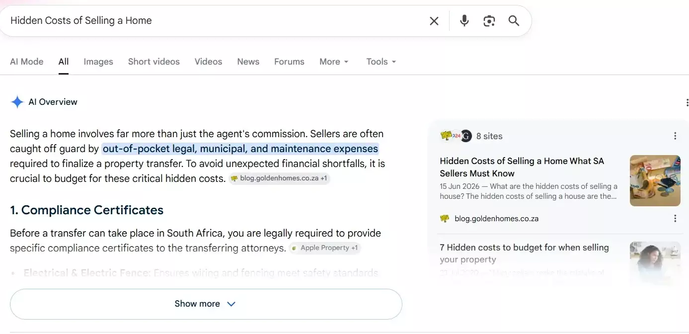 Google AI Overview showing Golden Homes cited as a top result