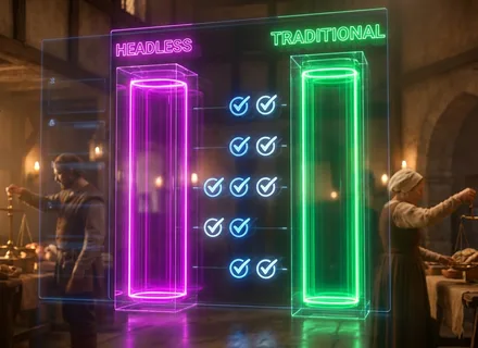 Two columns compared side by side, a headless build against a traditional one