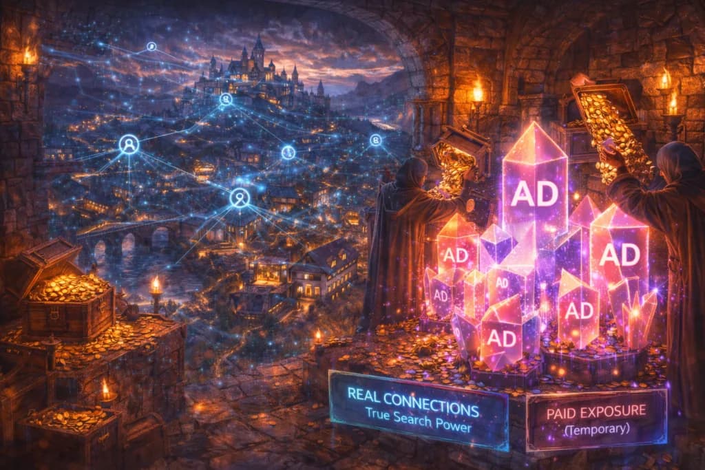 A medieval treasury funding glowing ads represents paid exposure that does not automatically create organic ranking strength.