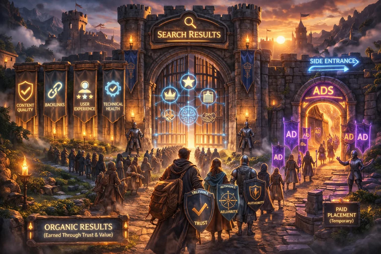 A medieval castle with separate entrances illustrates that ads and organic ranking follow different paths.