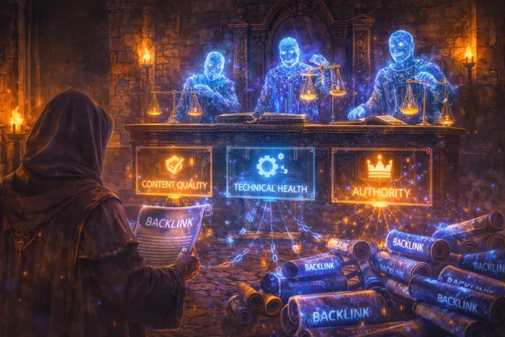 A medieval royal court weighing backlink scrolls against other factors shows that backlinks must work with quality and authority to improve ranking.