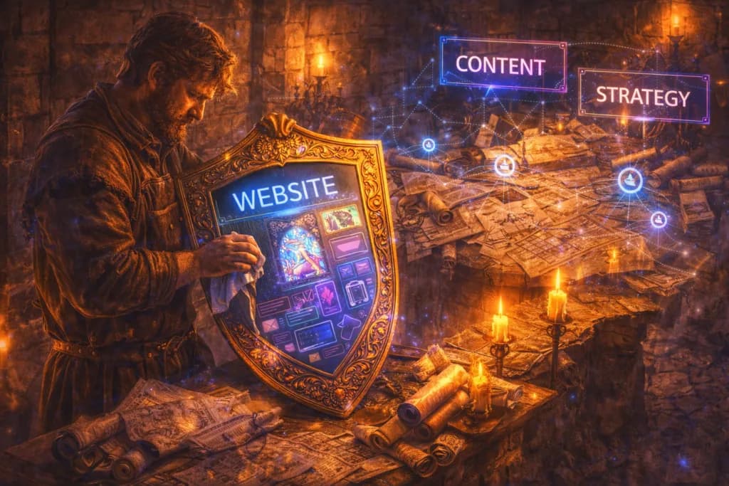 A medieval artisan polishing an ornate shield represents how a beautiful website still needs strategy and content to rank well.