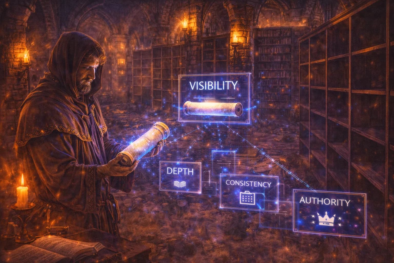 A medieval scribe with one glowing scroll in a vast library represents how posting consistently builds stronger authority than a single post.