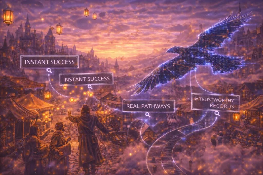 A surreal medieval market filled with illusions represents the false ideas people believe about Google ranking
