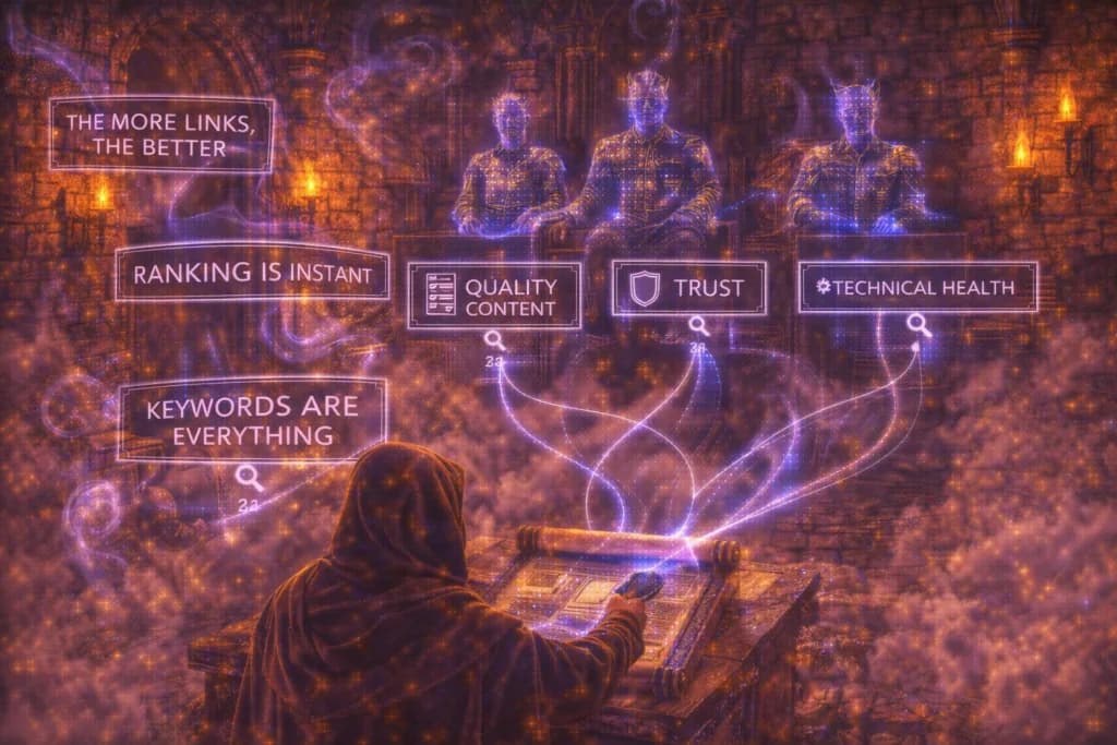 A surreal medieval courtroom sorting myths from evidence shows that Google ranking depends on real signals, not fantasy.