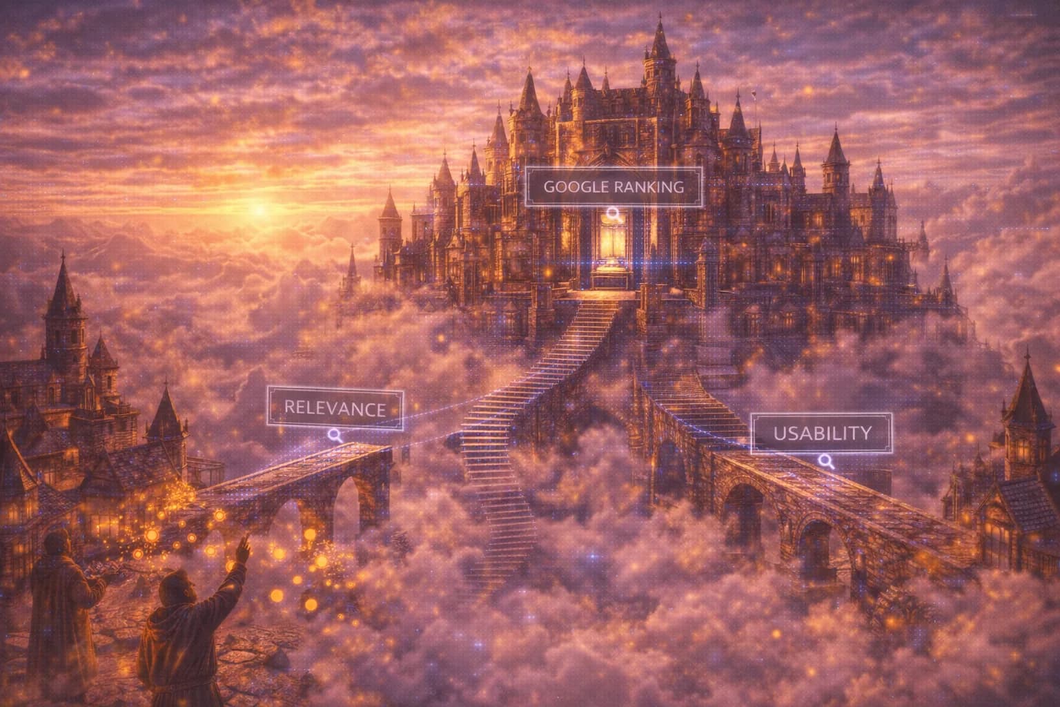 A floating medieval castle with vanishing stairways shows that Google ranking is not built on illusions but on solid signals