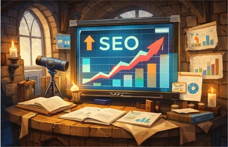 Large digital SEO growth chart inside a medieval stone room with books and documents, representing analytics and search performance.