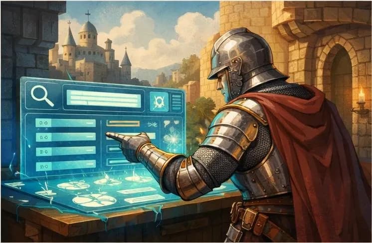 Armoured knight using a glowing digital search interface in a medieval city scene to represent keyword research and SEO discovery.
