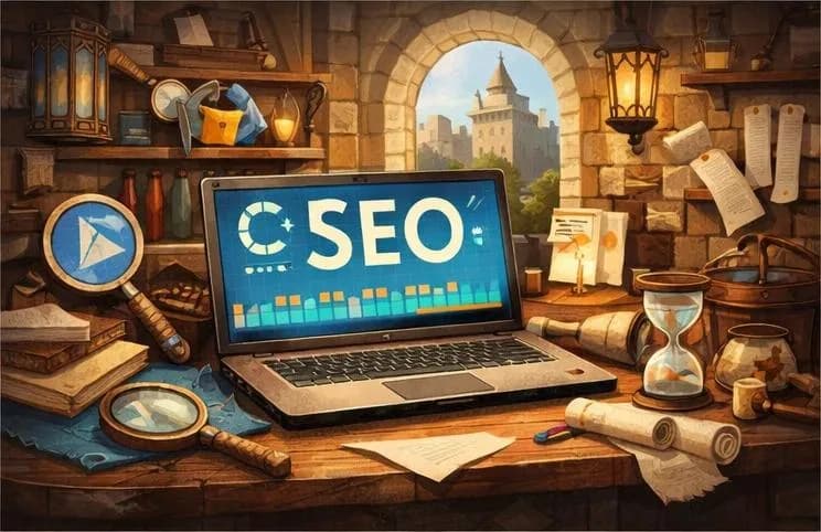 Laptop with SEO dashboard in a medieval workshop surrounded by scrolls and tools, symbolising website optimization.