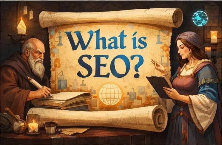 Medieval scholars and a modern digital strategist presenting the basics of SEO on a scroll in a warm light-toned castle study