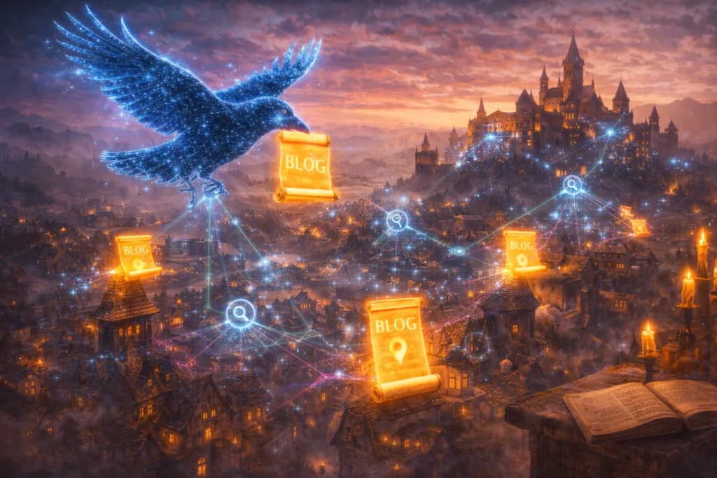 A glowing raven delivers enchanted scrolls across a medieval city to illustrate how blogs expand reach and improve search visibility