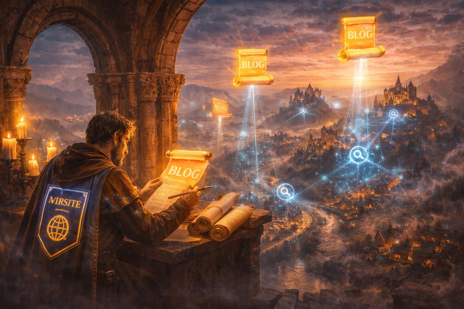 A medieval scribe sends glowing scrolls across a kingdom to show how blogs help websites gain visibility and strengthen Google presence.