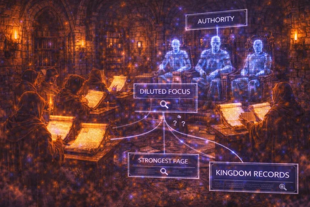 A medieval courtroom judging identical scrolls shows how duplicate content can dilute authority and hurt ranking performance.