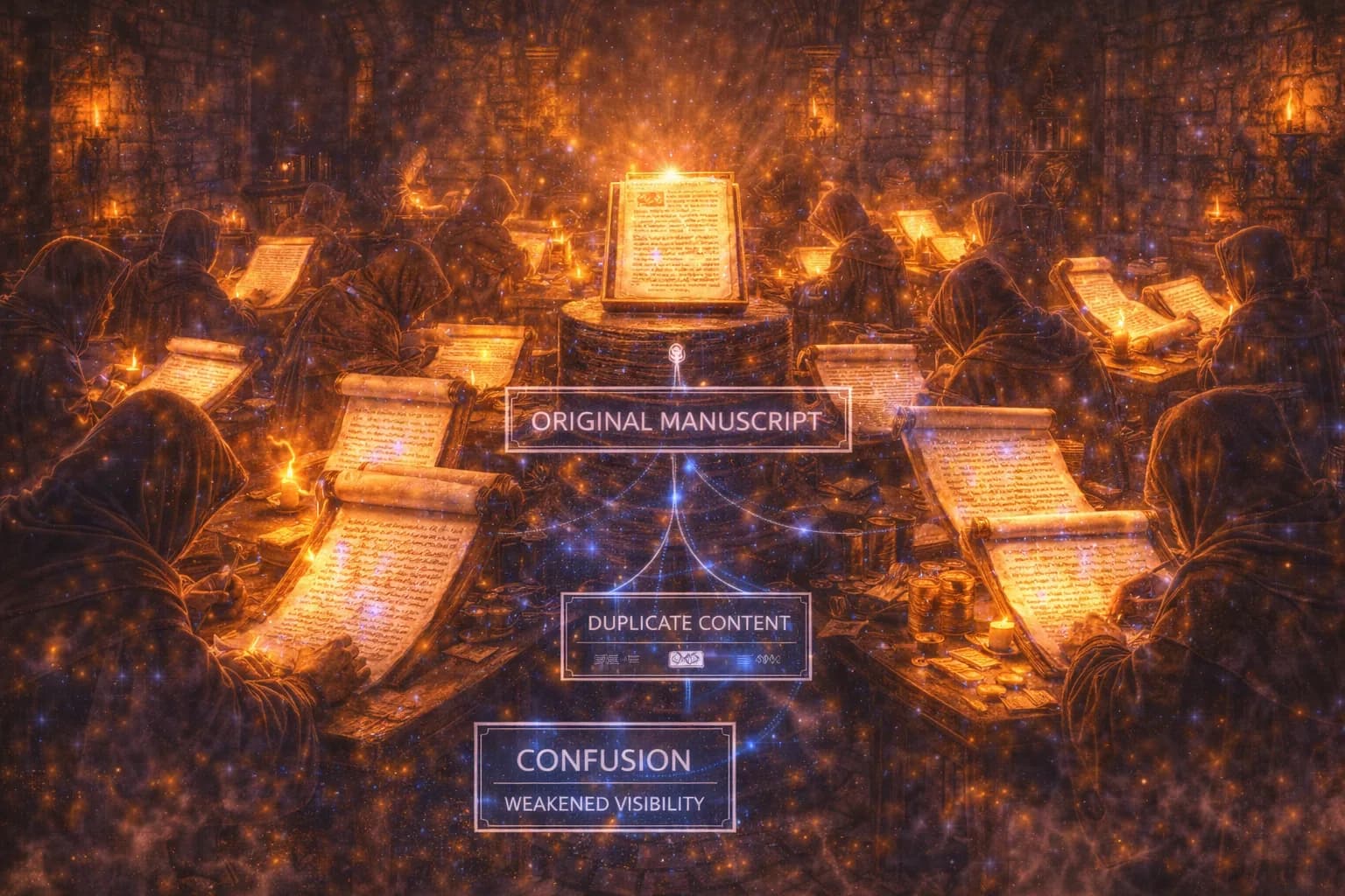 A medieval scriptorium filled with repeated scrolls shows how duplicate content can confuse search engines and weaken ranking.