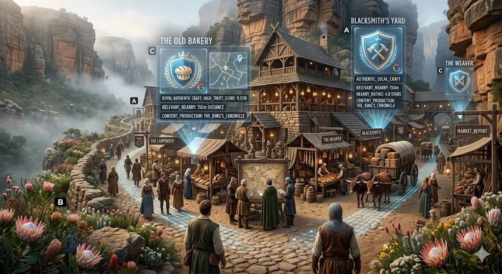 A medieval mountain pass market with glowing business markers illustrates why Local SEO helps local businesses stand out and attract more customers.