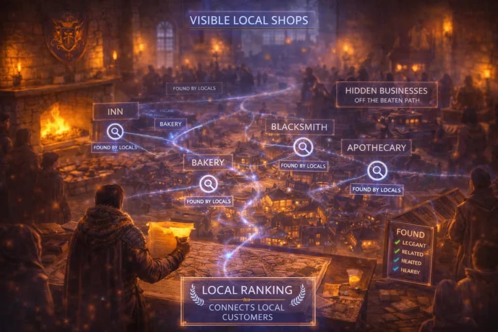 A medieval town map with glowing routes to shops shows how Local Businesses use ranking to connect with nearby customers.