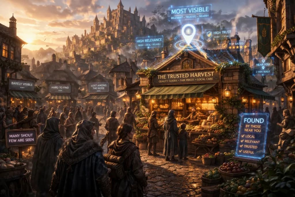 A medieval marketplace with a glowing map marker shows how Local Businesses benefit from better local search visibility.
