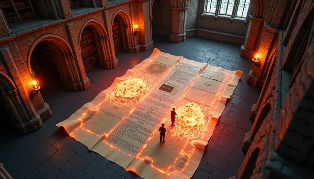 High-angle view of a vast, gothic stone library where a massive, glowing parchment lies spread across the floor. Two small figures stand atop the document, which features glowing orange magical embers and intricate text. The room is illuminated by flickering wall torches and arched alcoves filled with books.