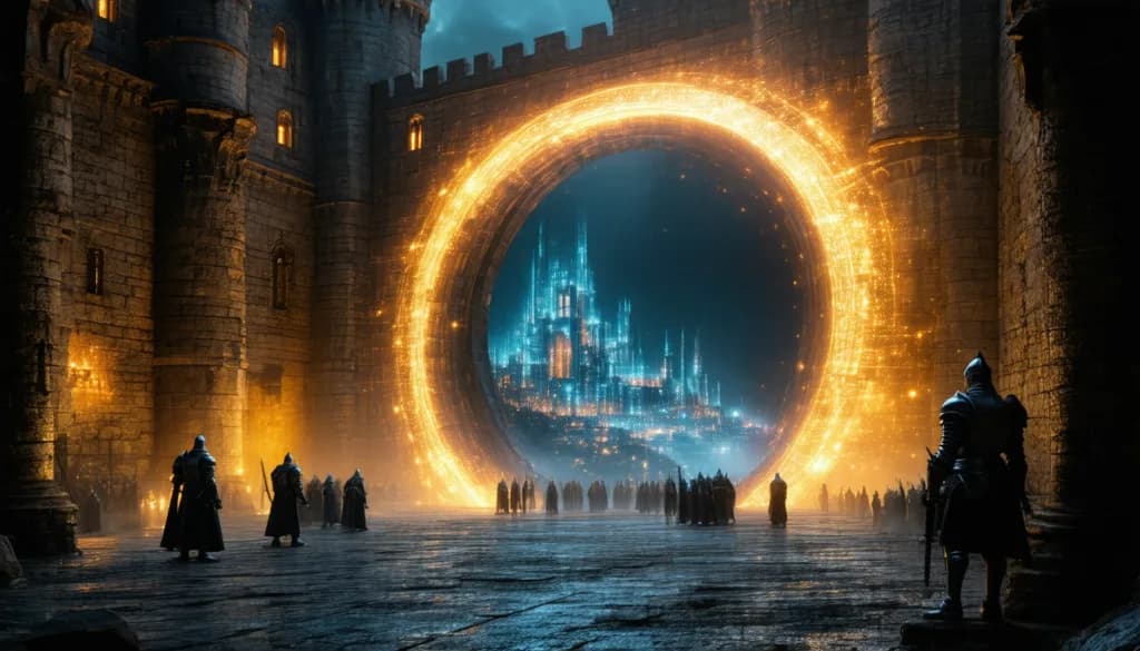 A cinematic fantasy scene depicting an enormous, glowing golden portal within a dark stone fortress. Armored knights and cloaked figures stand in a courtyard, looking through the gateway at a shimmering ethereal city. The image serves as a metaphor for the transition from search intent to a high-value destination.