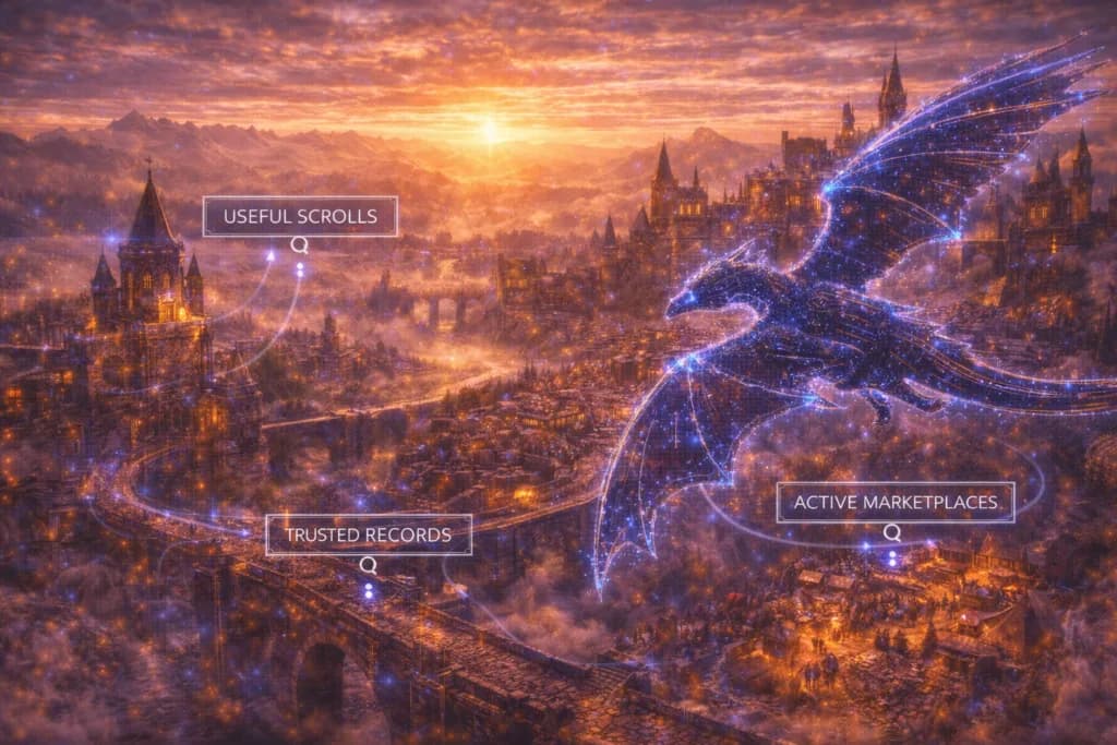 A glowing raven crossing a medieval city at dusk, linking scrolls, records and marketplaces — technical SEO helps crawling but does not by itself complete ranking.