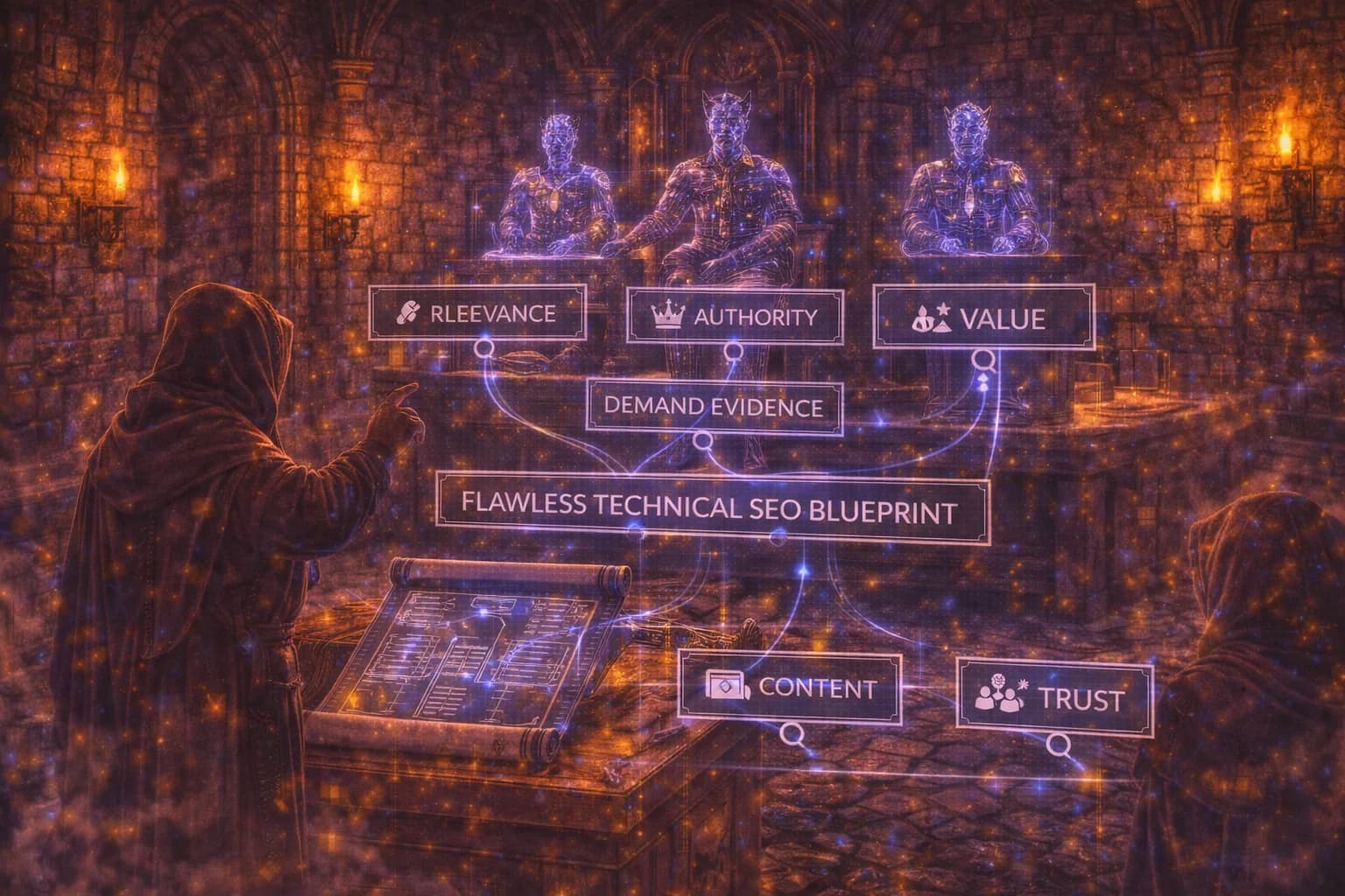 A medieval courtroom reviewing a technical blueprint shows that technical SEO alone is not enough to achieve strong ranking.