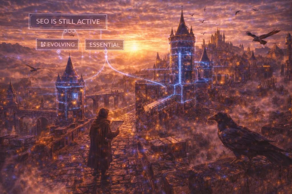 A robed figure overlooking a vast glowing medieval city at sunset with a raven nearby, illustrating that SEO is not dead but evolving and still essential.