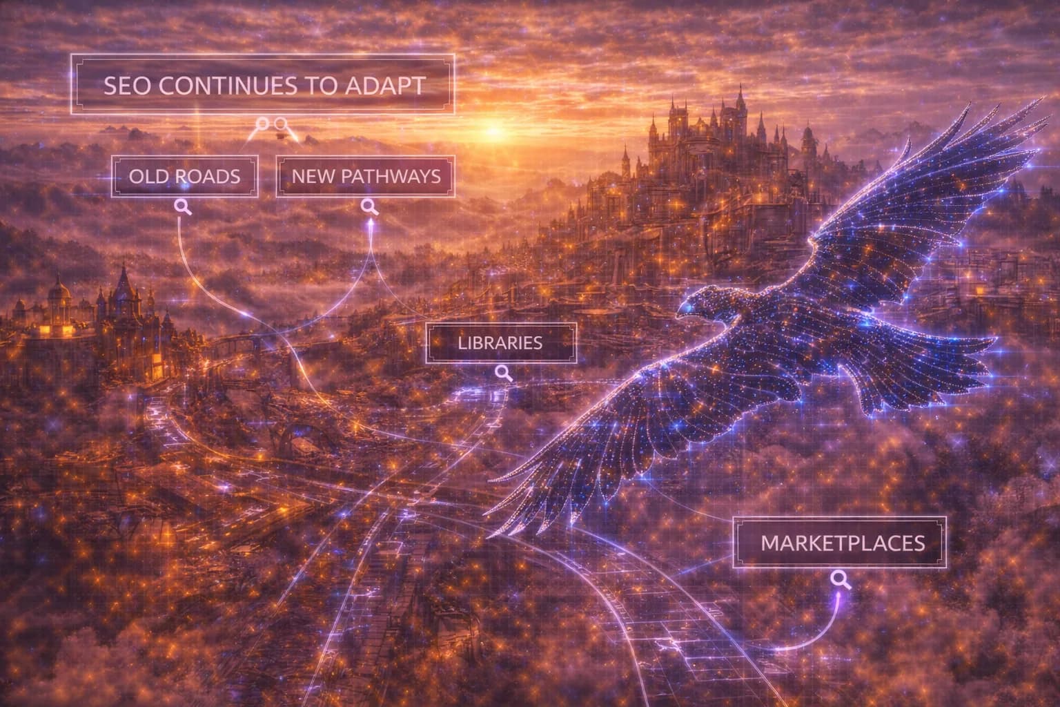A digital raven flying above old and new glowing roads shows that SEO is adapting rather than disappearing.