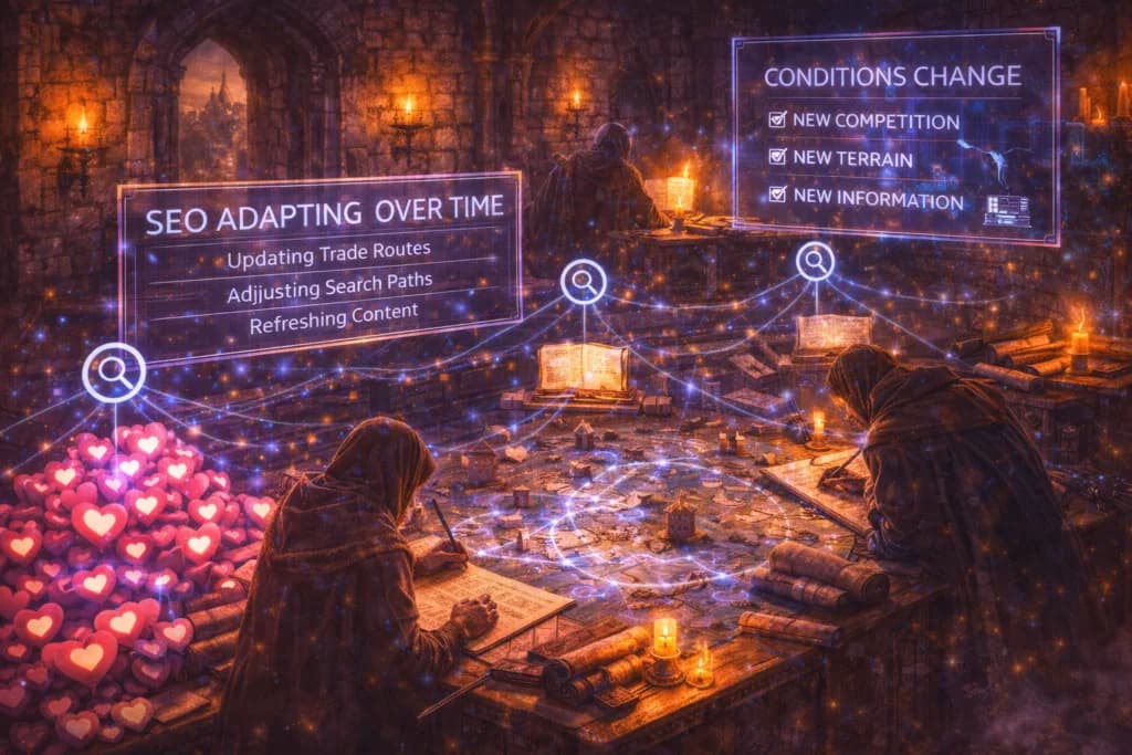 A medieval map room with changing routes illustrates how SEO needs regular updates and adjustment over time.