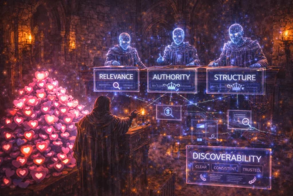 A hooded figure before a tree strung with glowing heart icons, beside panels for relevance, authority and structure — social likes are not ranking signals.