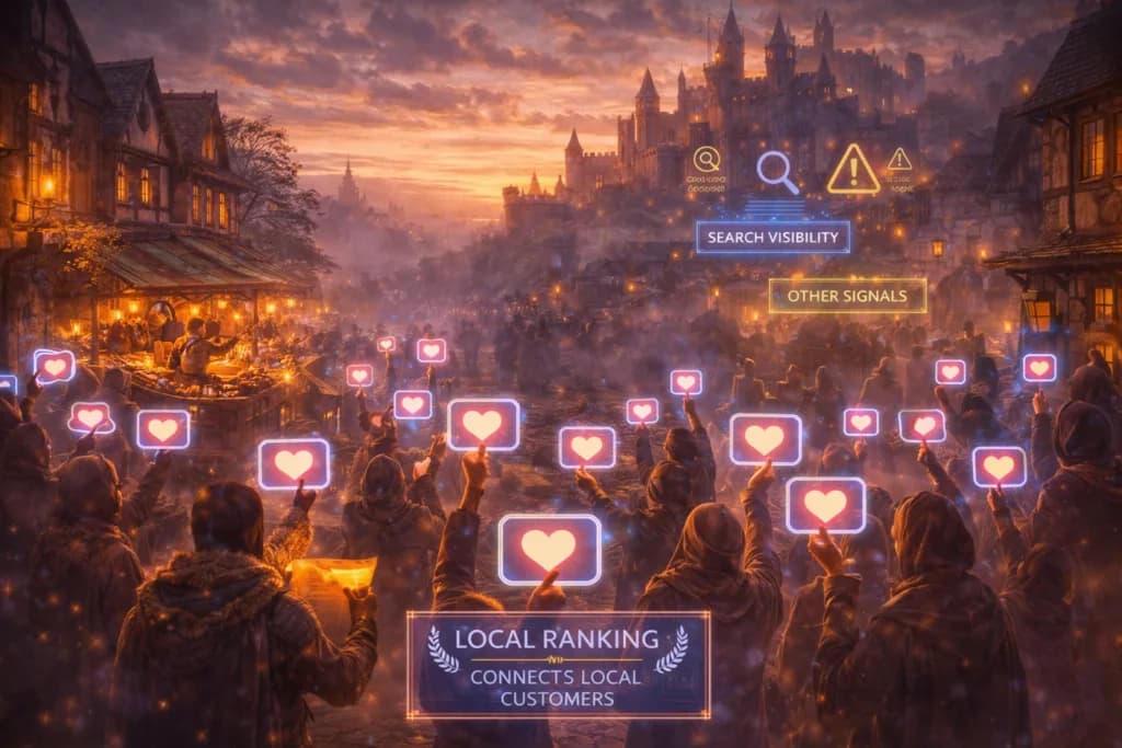 A twilight town square crowd holding up glowing "like" cards, illustrating that social likes do not equal the ranking signals that win local customers.