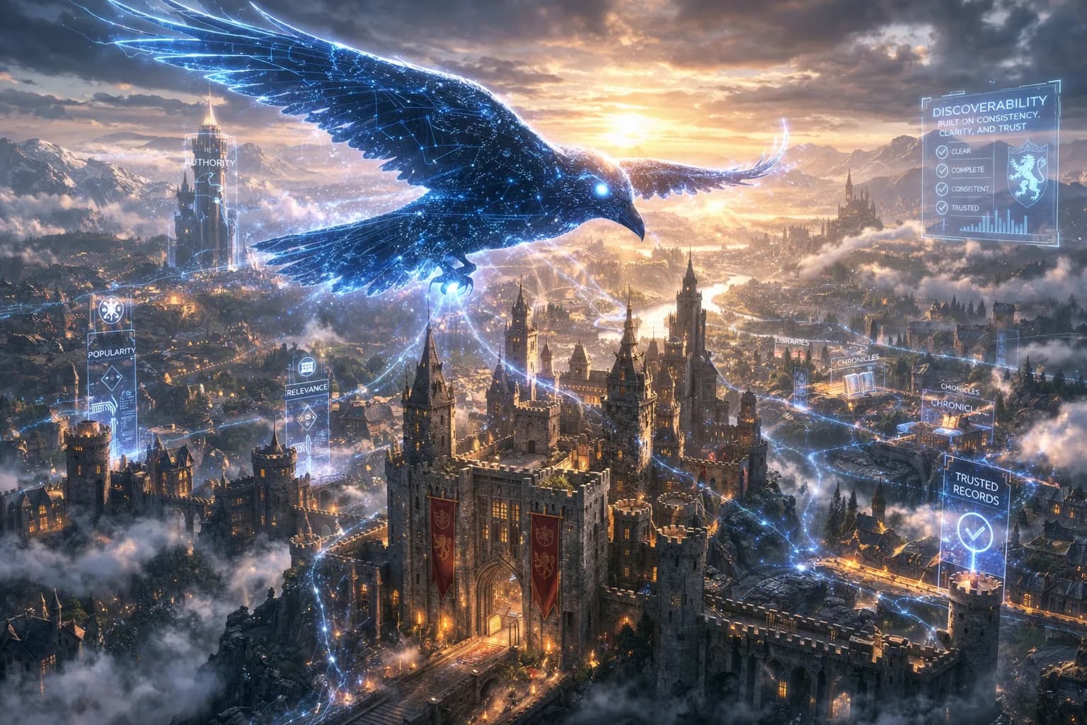 A digital raven ignoring floating likes over a medieval kingdom shows that social media signals are not the same as core ranking factors.