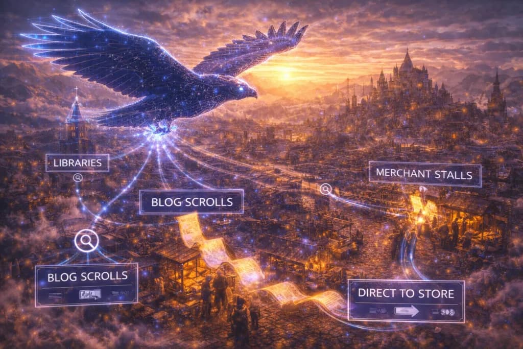 A digital raven tracing paths from glowing scrolls to market stalls shows how blogs can move people from discovery to sales.