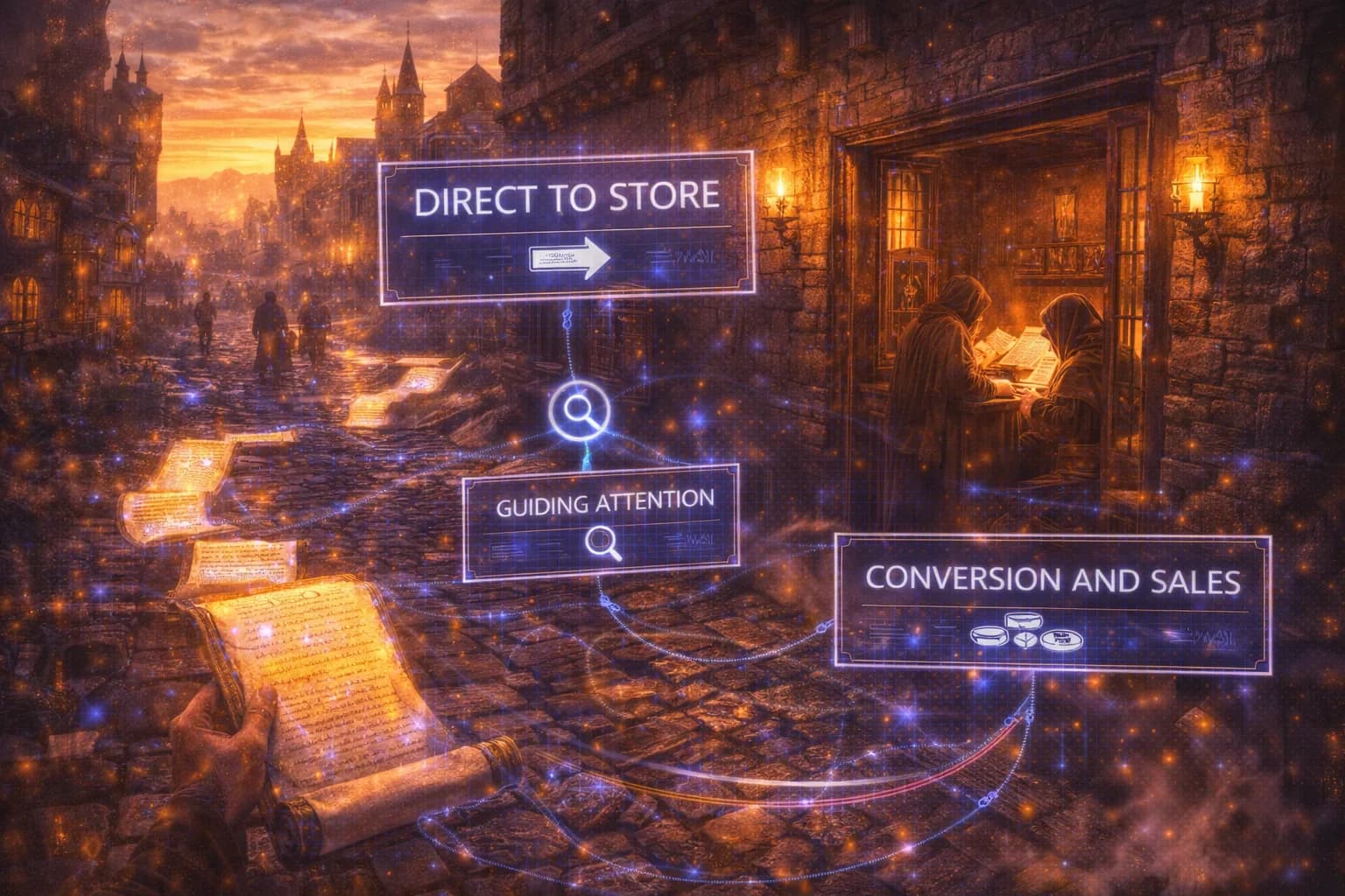 A medieval merchant's shop glowing from within as illuminated scrolls guide travellers to the door shows how blogging drives sales through organic visibility.
