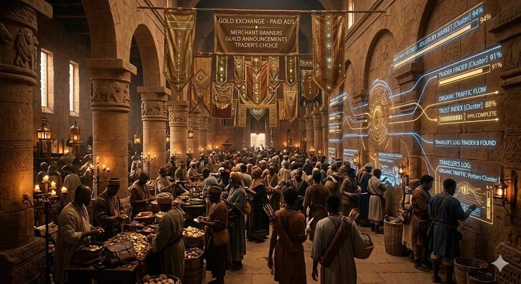 A medieval gold exchange with costly Paid Ads banners shows how SEO can create steadier discovery than Paid Ads alone.