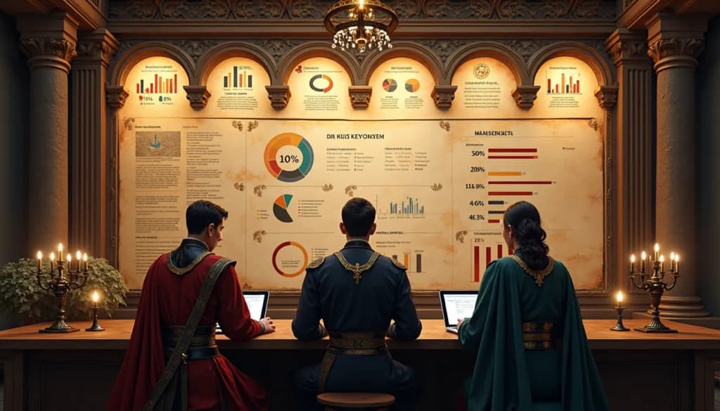 Three analysts in ornate, classical robes sitting at a desk with laptops, facing a large wall display of modern data analytics, pie charts, and bar graphs in a grand, candlelit hall. This scene serves as a metaphor for a deep technical audit to solve the mystery of why your website isn't showing on Google.