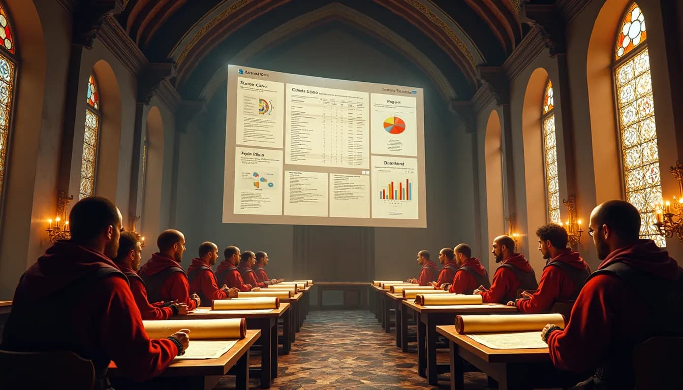 A cinematic, surreal image of robed figures sitting at desks in a Gothic-style hall, studying a large projection of modern website data and analytics charts. This visual represents the complexity of why a website isn't showing on Google, blending traditional scholarly environments with advanced digital search engine optimization (SEO) analysis.