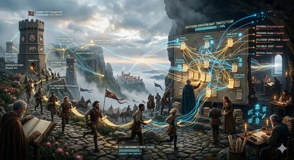 A medieval mountain relay carrying glowing scrolls shows how blogging builds momentum and expands online visibility for SEO success.
