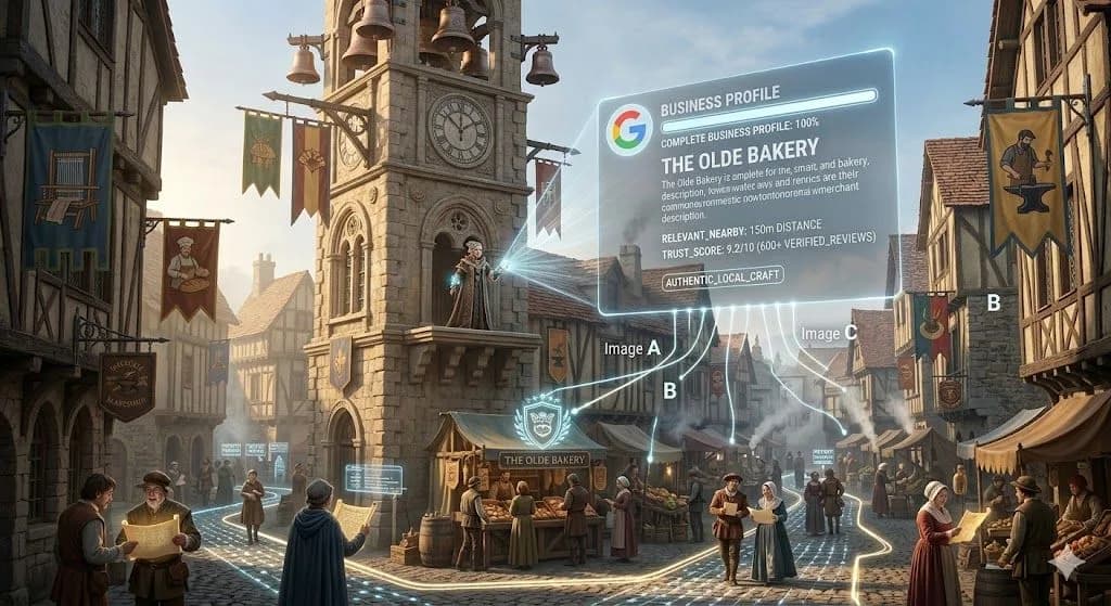 A glowing business crest above a medieval market square illustrates how Visibility increases when a business profile is verified and complete.