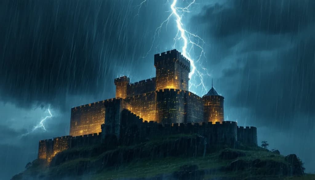 "A cinematic, stormy landscape showing a medieval stone castle on a grassy hill, dramatically lit by its own warm internal lights and two bright lightning strikes in a dark, rainy blue sky, symbolizing the visibility of a Johannesburg and Cape Town Google Business Profile optimized with Local SEO."