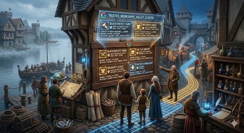 A medieval profile board at a ferry station shows how Visibility improves when people can quickly see trusted local business details.