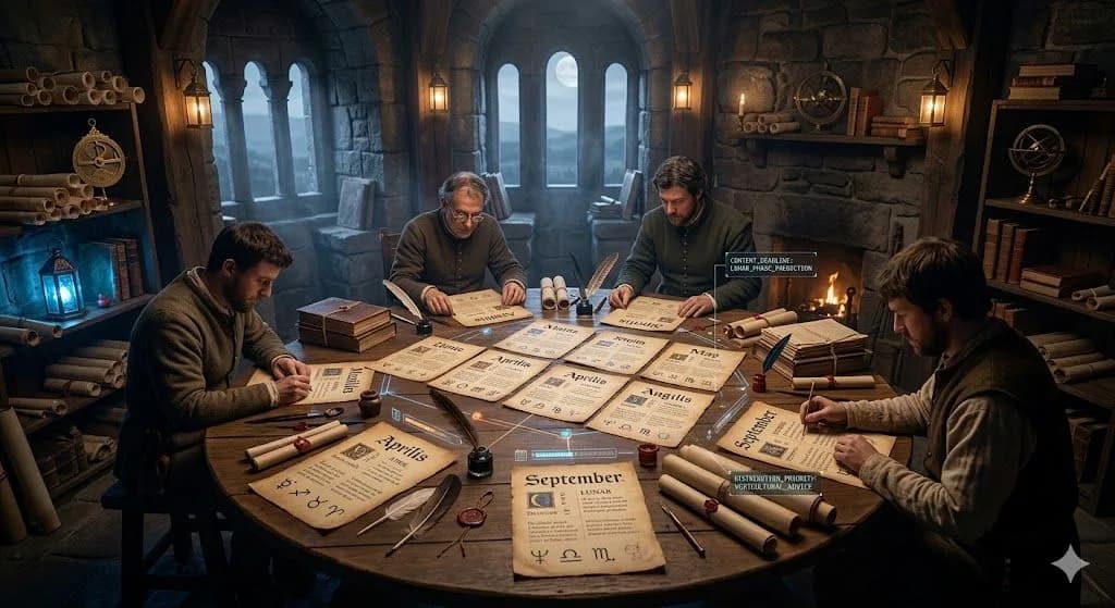 A medieval almanac chamber with glowing monthly scrolls shows how a content calendar helps organize content with clarity and structure.