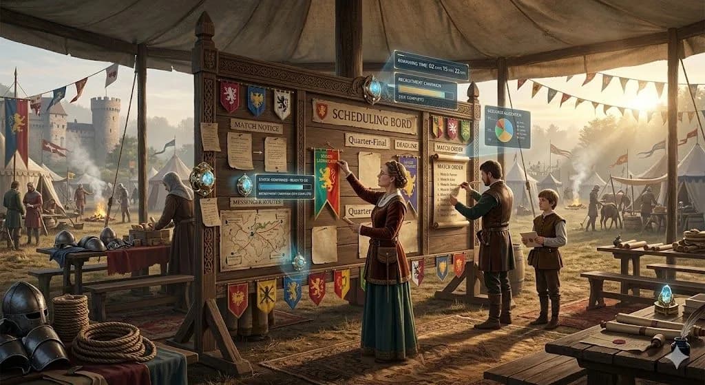 A medieval tournament planning board shows how a content calendar helps manage deadlines, priorities, and a steady flow of content.