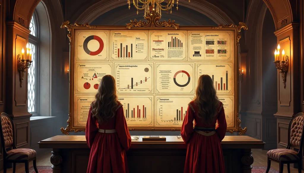 A cinematic, symmetrical shot of two women with long hair wearing elegant red dresses, standing before a massive, ornate gold-framed board in a classical study. The board displays a grid of complex data charts, bar graphs, and schedules, serving as a metaphorical and sophisticated content calendar for high-level digital strategy and planning.